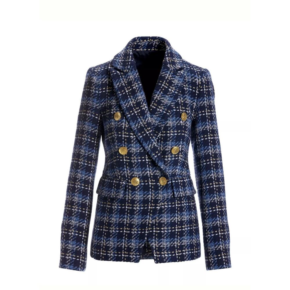 Boston Proper Blazer Womens Size 10 Blue Plaid Tweed Gold Button Double Breasted - Picture 2 of 13